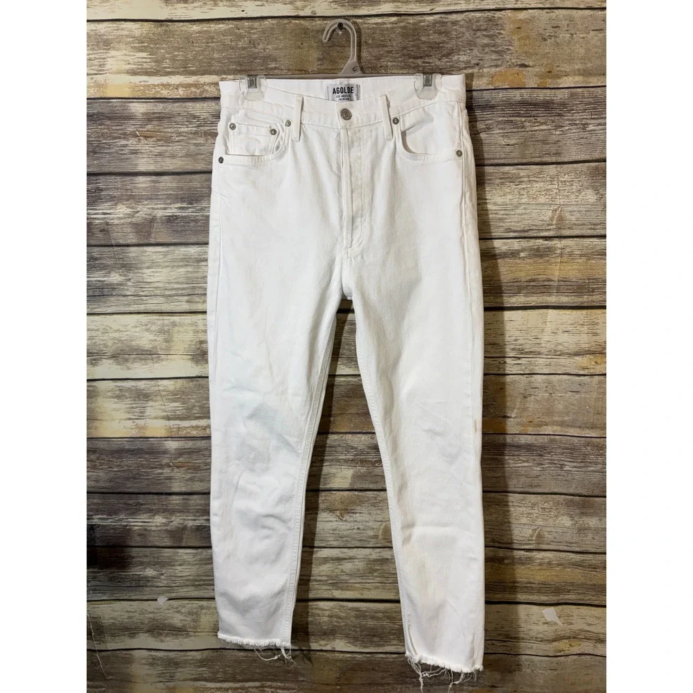 Agolde Nico High Rise Slim Jeans White Raw Hem Button Fly 28 Ankle Coastal Chic